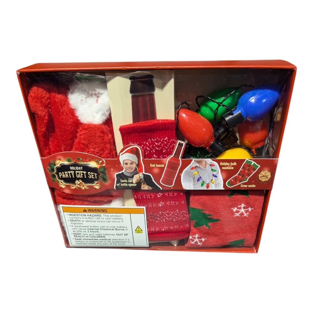 Holiday Party Gift Set - hat socks knit koozie necklace Red Green